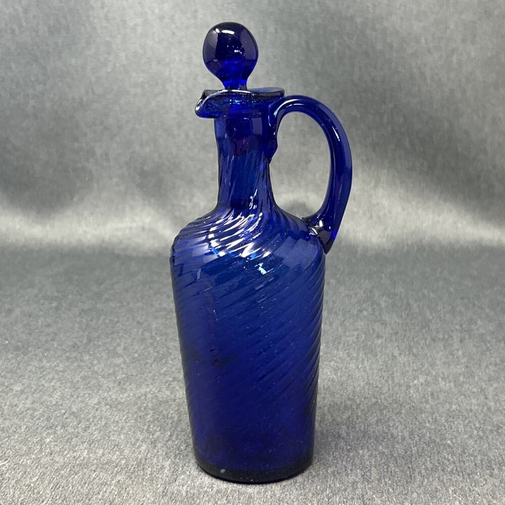 OOAK Cobalt Blue Glass Decanter Cruet Bottle Stopper Optic Swirl Applied Handle - Picture 5 of 14